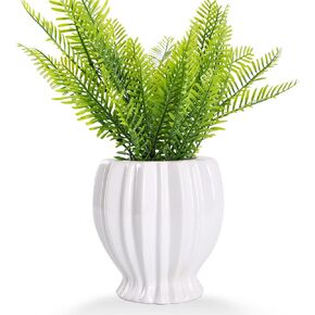 VanEnjoy 6 inch Modern Ribbed Design Small White Ceramic Decorative Tabletop Centerpiece Vase Flower Pot -White Lotus Flower