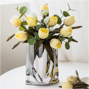 Ceramic Flower Vase, Crinkle Paper Shape, Silver Metal, Decorative Home Accent (Large)
