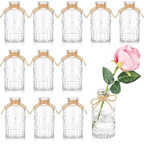 12 Pcs Bud Vases Small Glass Vases Vintage Flower Bottles Mini Relief Vase with Hemp Rope Bows for Rustic Wedding Home Farmhouse Table Party Decoration (European Style)