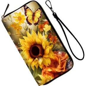 Womens Wallet, Sunflower Butterfly Wallets for Women Leather Zipper Wallet Large Capacity, RFID Wallets for Women with Multiple Card Slots, Small Women Wallet Coin Pocket for Men Clutch Travel Purse