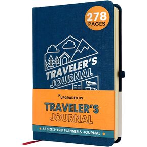 A5 Size Hardcover Travel Journal Notebook and Planner - Travel Diary, Travel Log Book, Itinerary - Plan and Record 3 Trips - 278 Pages 100gsm Recycled Paper Trip Planner - Travel Gift for Women, Men
