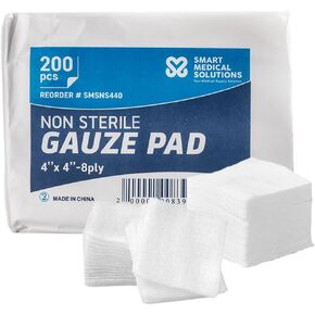 Non Sterile Gauze Pads - 8-Ply, 200 Pack | Absorbent Dental Gauze First Aid Dressing Pads (3""x3""), White