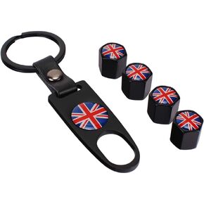 Mini Cooper Red Union Jack British Flag with 4pcs Tire Valve Stem Caps +Keychain Set Accessories Decal Parts Universal for Most Cars, Such as BMW Mini Cooper (Red Union Jack)