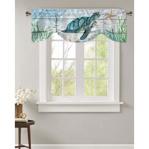 Underwater Sea Turtle Seaweed Tie Up Valance Curtain for Kitchen-Small Window Shade Valances Adjustable Rod Pocket Windows Treatment for Bathroom Decor Compass Starfish on Wood Plank,1 Panel 54x18in