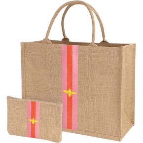 Large Beach Bag Jute Woven Pink and Orange