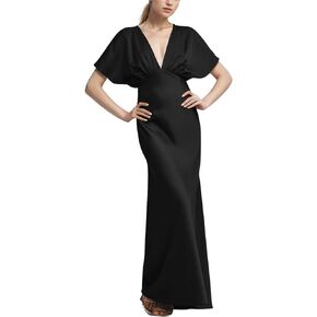 Women's 2024 Satin Dress Elegant Deep V Neck Flutter Sleeve A-Line Gown Cocktail Party Maxi Dresses