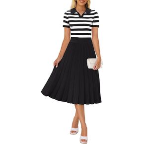 ZESICA Women's 2024 Striped Midi Dress Casual V Neck Short Sleeve Ribbed Knit Elastic High Waist Pleated Swing Dresses