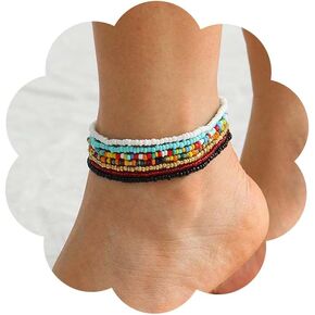7Pcs Bohemian Beach Anklets for Girls Colorful Beads Ankle Bracelets Handmade Beaded Anklet Waterproof Hippie Jewelry for Women