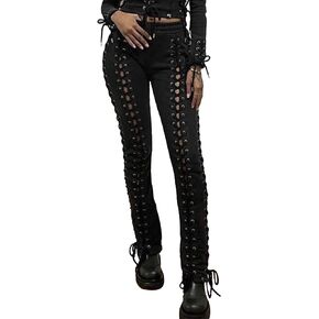 xxxiticat Women's Lace Up Sweatpants High Rise Hollow Out Bandage Criss Cross Bow Tie Eyelet Attached Skinny Gym Trouser