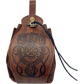 Leather Belt Pouch for Men Women Medieval Portable Drawstring Steampunk Waist Bag Pack Brown Vintage Embossed Belt Pouches Dice Coin Purse LARP Halloween Viking Cosplay Costume Accessories