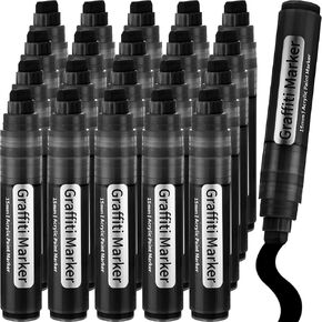 20 Pack Jumbo Acrylic Paint Markers 15mm Jumbo Felt Tip Water Based Black Fabric Marker Graffiti Marker with Waterproof and Permanent Ink for Glass Wood Plastic Stone Metal Rock Painting