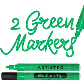 ARTISTRO 2 Green Acrylic Paint Pens for Rock Painting Ceramic Wood Glass Tire Plastic - 3mm Medium Tip Paint Markers Ideal for Labeling DIY Crafts Art Projects