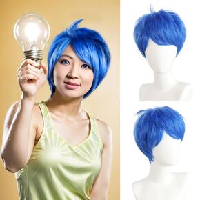 Anogol Hair Cap+ Joy Wig Short Blue Wig Women Joy Cosplay Wig Joy Costume Anime Cosplay Wig for Women Joy Outfit Blue Synthetic Wig for Halloween Party Costume Outfit
