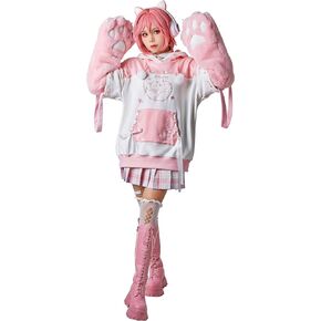 Cosplay.fm Women Pullover Hoodie with Detachable Bag Design Furry Cat Paw Gloves Kawaii Fox Style Ear Hooded Sweatshirt