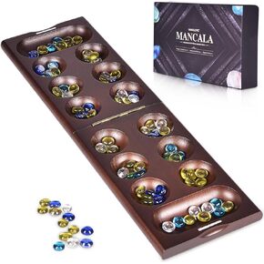 VAMSLOVE Wooden Mancala Board Game with Magnetic Lock / 48+8 Extra Multi Color Glass Stones, Folding Mancala Set for 2 Player, 6 Age and Up (Instructions Included)