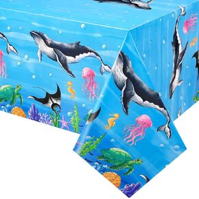 WERNNSAI Sea Party Tablecloth - 2 PC 54" x 108" Ocean Animals Table Cover Under the Sea Party Decorations Plastic Disposable Tablecloth for Kids Boys Ocean Sea Theme Beach Pool Birthday Party Supplies