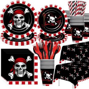 أدوات مائدة لتزيين حفلات القراصنة - لوازم حفلات أعياد ميلاد القراصنة على شكل جمجمة، طبق، كوب، منديل، مفرش طاولة، أدوات مائدة، قش، أواني طعام لتزيين حفلات القراصنة على شكل جمجمة | يخدم 24 in Kuwait