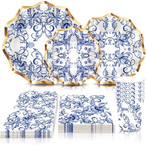 Lide Road Chinoiserie Wavy Party Supplies Tissue Blue Floral Wavy Paper Plates Party Blue Floral Theme Blue White Floral Disposable Tableware Set Serves 8 Guests for Party Plates Napkins Cups 72PCS
