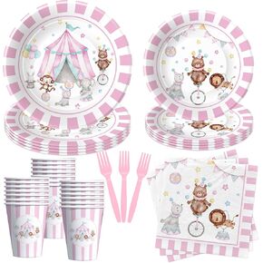 لوحات ومناديل عيد الميلاد ذات طابع السيرك الكرنفالي وديكورات الحفلات أدوات المائدة للفتيات - ديكورات الحفلات ذات طابع الكرنفال، طبق ورقي، كوب، منديل، شوكة، لوازم حفلات السيرك الوردي | يخدم 24 in Kuwait