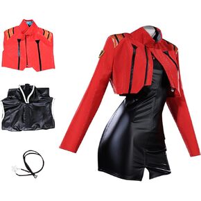 Katsuragi Misato Cosplay، فستان Misato Cosplay، سترة حمراء وفستان أسود ملابس تنكرية جلدية للجنسين