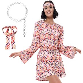BSSN 70s 60s Disco Outfit for Women, 70's Hippie Style Dress with Belt, Headband, Casual Party Cosplay Costume Accessories