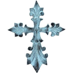 PURESTORY 8 Inch Decorative Wall Cross Metal Decorations For Home.Religious Metal Hanging Cross Wall Decor.Metal Cross Wall Decor Art for Home - Antique Rustic Blue