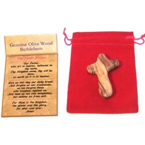 Holy Land Market Small Olive Wood Pocket Comfort Holding Cross Package with Velvet Bag & Lord's Prayer Card - The Holding or Hand Cross (2 inches) (1)