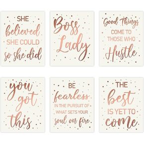 Haooryx 6Pcs Boss Lady Wall Art Rose Gold Inspirational Quote Cardstock Art Print Office Decor Set, Minimalist Girls Art Print Poster for Girls Women Bedroom Dorm Study Room Office Decorations