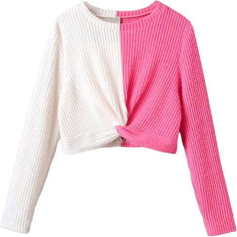 COZYEASE Girls' Crewneck Tee Tops Color Block Long Sleeve Twist Front T Shirt Slim Fit Crop Tops in Saudi Arabia