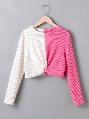 COZYEASE Girls' Crewneck Tee Tops Color Block Long Sleeve Twist Front T Shirt Slim Fit Crop Tops in Saudi Arabia