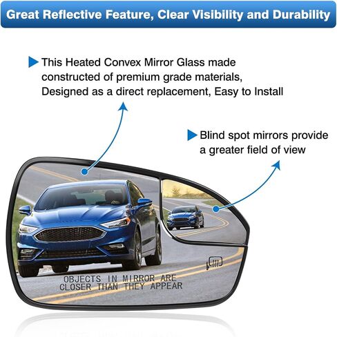 Fusion Passenger Right Side Mirror Glass Replacement for Ford Fusion 2013-2020 Pass Power Heated Glass Side Rear View Convex Mirror Glass with Holder, Replace DS7Z17K707B in Kuwait