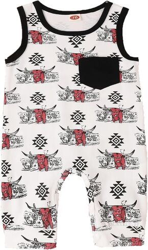 Newborn Infant Baby Boy Girl Western Jumpsuit Cactus Cow Print Short Romper Playsuit One Piece Outfit in Saudi Arabia