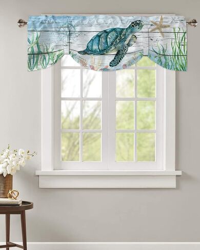 Underwater Sea Turtle Seaweed Tie Up Valance Curtain for Kitchen-Small Window Shade Valances Adjustable Rod Pocket Windows Treatment for Bathroom Decor Compass Starfish on Wood Plank,1 Panel 54x18in in Saudi Arabia