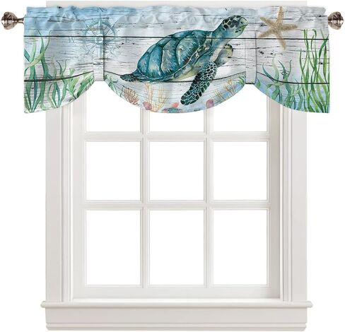 Underwater Sea Turtle Seaweed Tie Up Valance Curtain for Kitchen-Small Window Shade Valances Adjustable Rod Pocket Windows Treatment for Bathroom Decor Compass Starfish on Wood Plank,1 Panel 54x18in in Saudi Arabia
