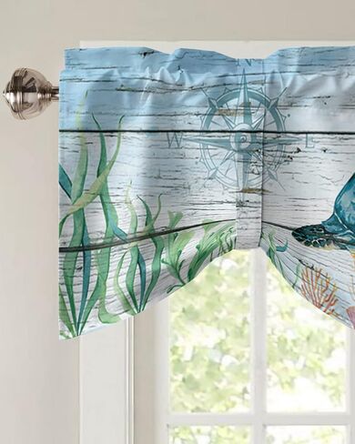 Underwater Sea Turtle Seaweed Tie Up Valance Curtain for Kitchen-Small Window Shade Valances Adjustable Rod Pocket Windows Treatment for Bathroom Decor Compass Starfish on Wood Plank,1 Panel 54x18in in Saudi Arabia