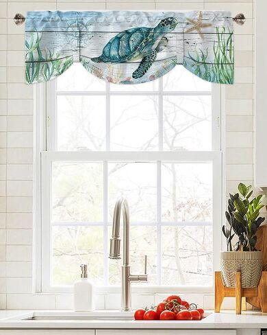 Underwater Sea Turtle Seaweed Tie Up Valance Curtain for Kitchen-Small Window Shade Valances Adjustable Rod Pocket Windows Treatment for Bathroom Decor Compass Starfish on Wood Plank,1 Panel 54x18in in Saudi Arabia