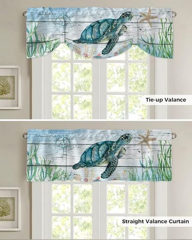Underwater Sea Turtle Seaweed Tie Up Valance Curtain for Kitchen-Small Window Shade Valances Adjustable Rod Pocket Windows Treatment for Bathroom Decor Compass Starfish on Wood Plank,1 Panel 54x18in in Saudi Arabia
