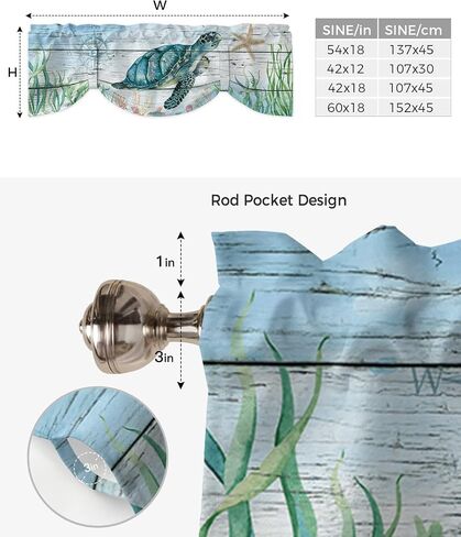 Underwater Sea Turtle Seaweed Tie Up Valance Curtain for Kitchen-Small Window Shade Valances Adjustable Rod Pocket Windows Treatment for Bathroom Decor Compass Starfish on Wood Plank,1 Panel 54x18in in Saudi Arabia