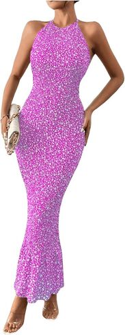 MakeMeChic Women's Ditsy Floral Sleeveless Halter Dress Tie Backless Bodycon Maxi Long Dress in Saudi Arabia