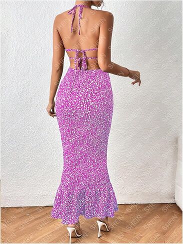 MakeMeChic Women's Ditsy Floral Sleeveless Halter Dress Tie Backless Bodycon Maxi Long Dress in Saudi Arabia