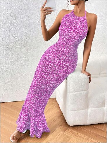 MakeMeChic Women's Ditsy Floral Sleeveless Halter Dress Tie Backless Bodycon Maxi Long Dress in Saudi Arabia