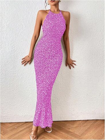 MakeMeChic Women's Ditsy Floral Sleeveless Halter Dress Tie Backless Bodycon Maxi Long Dress in Saudi Arabia