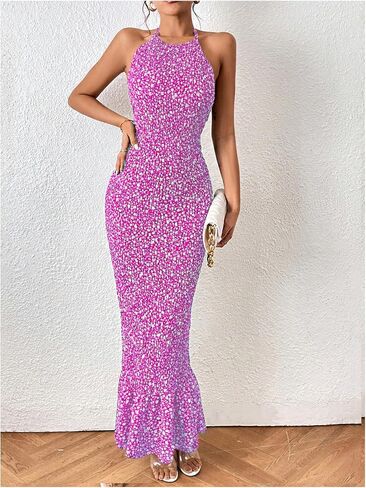 MakeMeChic Women's Ditsy Floral Sleeveless Halter Dress Tie Backless Bodycon Maxi Long Dress in Saudi Arabia