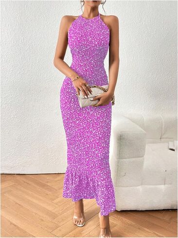 MakeMeChic Women's Ditsy Floral Sleeveless Halter Dress Tie Backless Bodycon Maxi Long Dress in Saudi Arabia