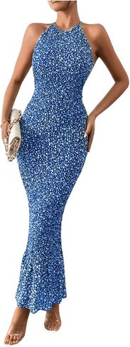 MakeMeChic Women's Ditsy Floral Sleeveless Halter Dress Tie Backless Bodycon Maxi Long Dress in Saudi Arabia
