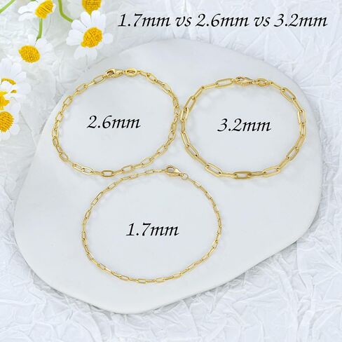 14K Yellow Gold 6-13 Inch 1.2mm-3.2mm Chain Bracelet Anklet for Women, Cuban Link Curb/Rope/Paper Clip/Round Snake/Herringbone/Bead/Water Wave, Thin Gold Chain Bracelet Durable Strong Real 14k Gold Chain Bracelet Anklet in Saudi Arabia