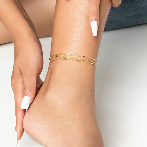 أساور الكاحل للنساء خلخال مطلي بالذهب الحقيقي عيار 14 قيراط للنساء، خلخال بمرآة لامعة بطبقات فضية، خلخال أنيق مطرز بنقطة على شكل قمر صناعي، خلخال لصيف الشاطئ، هدايا مجوهرات للقدم in Kuwait