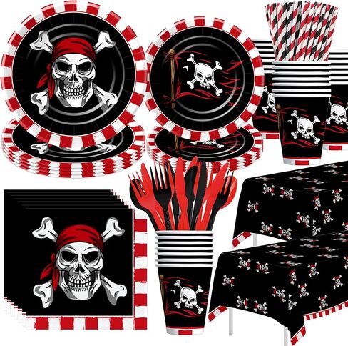 أدوات مائدة لتزيين حفلات القراصنة - لوازم حفلات أعياد ميلاد القراصنة على شكل جمجمة، طبق، كوب، منديل، مفرش طاولة، أدوات مائدة، قش، أواني طعام لتزيين حفلات القراصنة على شكل جمجمة | يخدم 24 in Kuwait