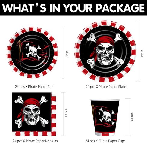 أدوات مائدة لتزيين حفلات القراصنة - لوازم حفلات أعياد ميلاد القراصنة على شكل جمجمة، طبق، كوب، منديل، مفرش طاولة، أدوات مائدة، قش، أواني طعام لتزيين حفلات القراصنة على شكل جمجمة | يخدم 24 in Kuwait