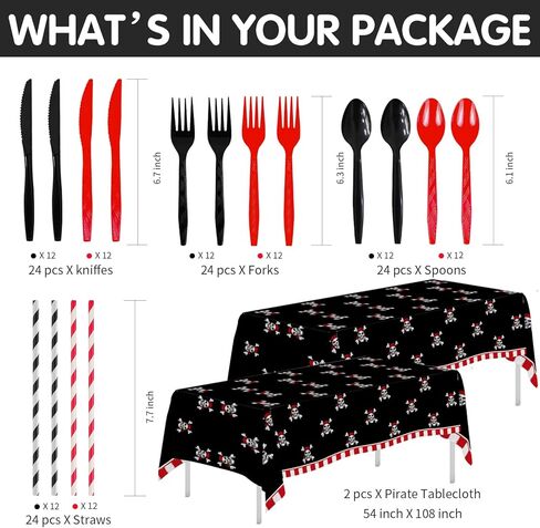 أدوات مائدة لتزيين حفلات القراصنة - لوازم حفلات أعياد ميلاد القراصنة على شكل جمجمة، طبق، كوب، منديل، مفرش طاولة، أدوات مائدة، قش، أواني طعام لتزيين حفلات القراصنة على شكل جمجمة | يخدم 24 in Kuwait